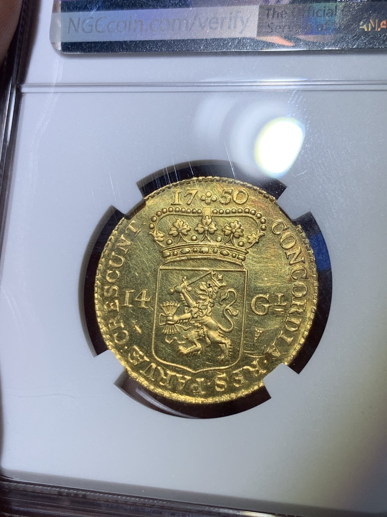 《竞宝斋》第264场-周日，周一 2场连拍 (全场包邮) NGC MS62 荷兰 1750 荷兰省 14盾 马剑金币 10克 920金 精巧细致 1963 后铸版本 资料显示也是该版本唯一的一次后铸