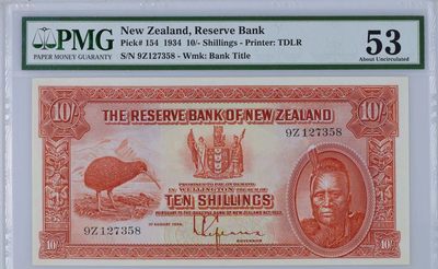 【Blue Auction】✨世界纸币精拍第469期【精】 - 【珍品少见】新西兰储备银行 1934年10先令 PMG53 该行发行的第一张10先令纸币 Tawhiao国王人像雕刻精美  国鸟几维鸟 背面是坐落在米尔福德峡湾的绝美山峰米特峰  他在同期发行的1镑，5镑，50镑中珍稀度排名第二，仅次于50镑 票面白净难得好状态 
