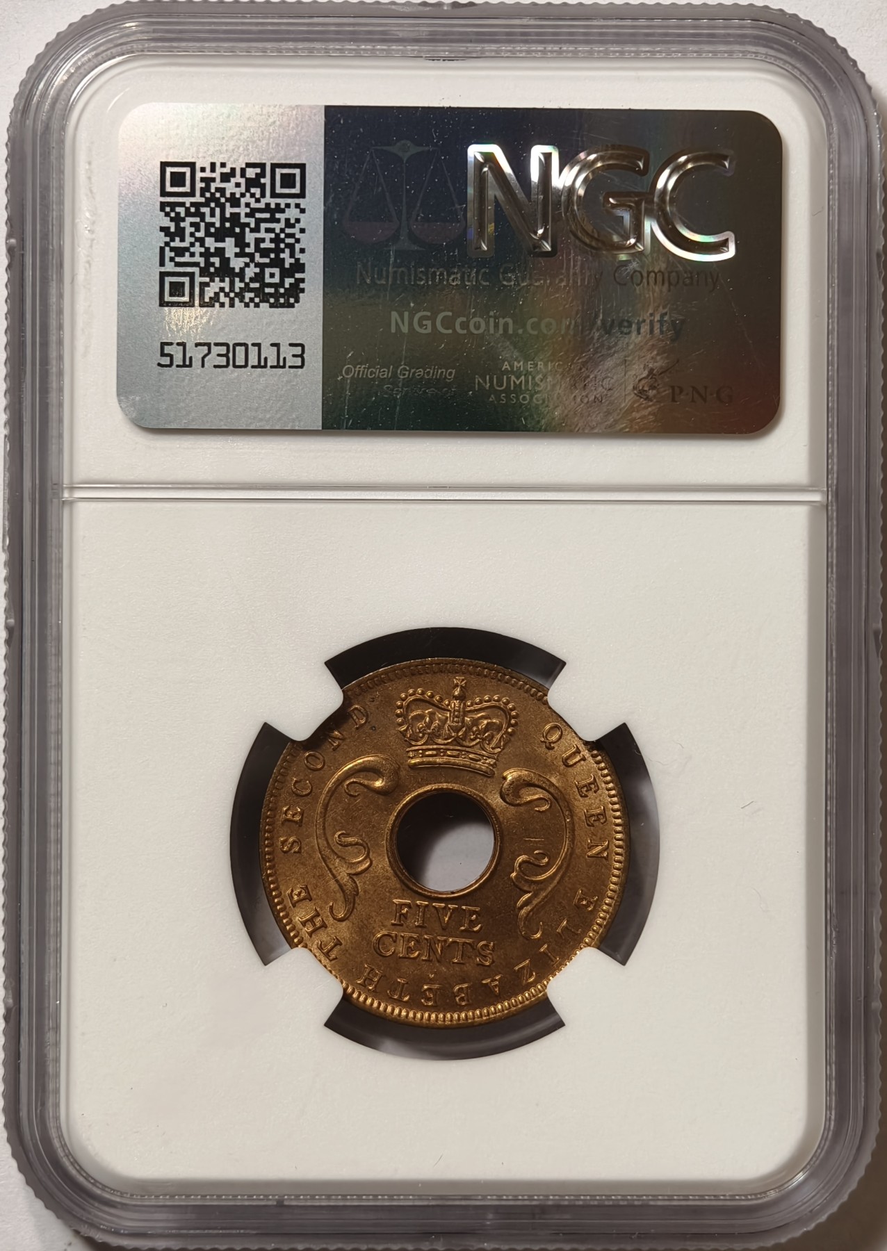 紫瑗钱币——第346期拍卖 英属东非 1956年 H版 伊丽莎白二世 5分 红铜币 NGC MS65 RD