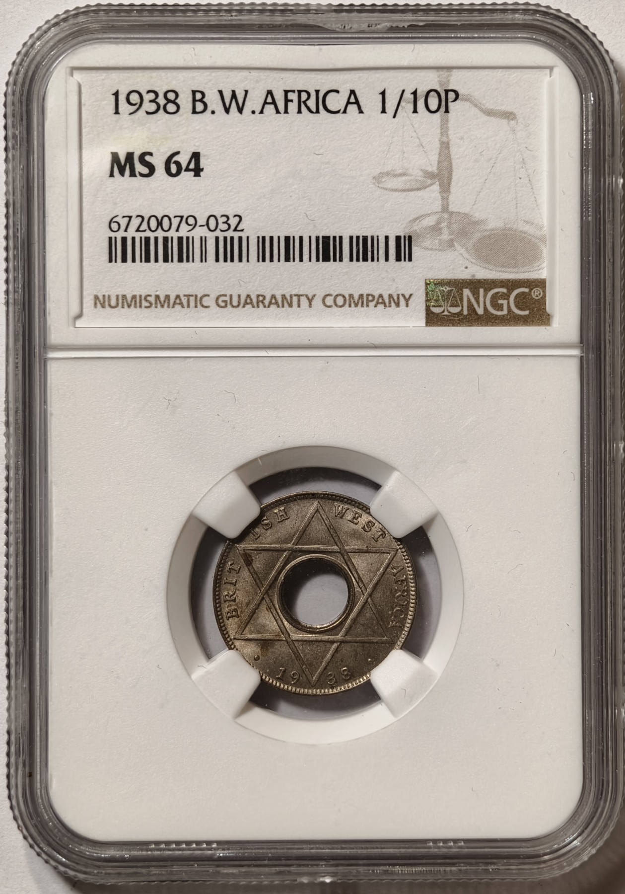 紫瑗钱币——第436期 英属西非 1938年 乔治六世 1/10便士 白铜币 NGC MS64