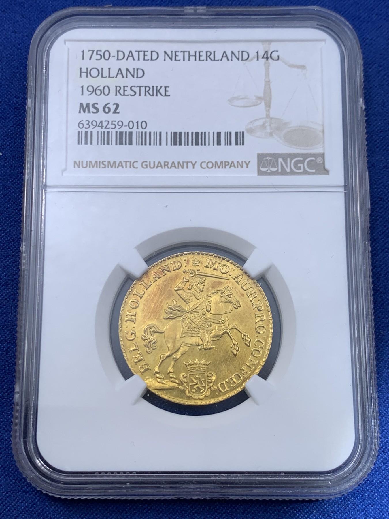 《竞宝斋》第264场-周日，周一 2场连拍 (全场包邮) NGC MS62 荷兰 1750 荷兰省 14盾 马剑金币 10克 920金 精巧细致 1963 后铸版本 资料显示也是该版本唯一的一次后铸