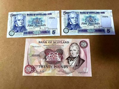 【Blue Auction】✨世界纸币精拍第469期【精】 - 【一组3张 包含222豹子号】苏格兰 1987-98年5-20镑 品相如图