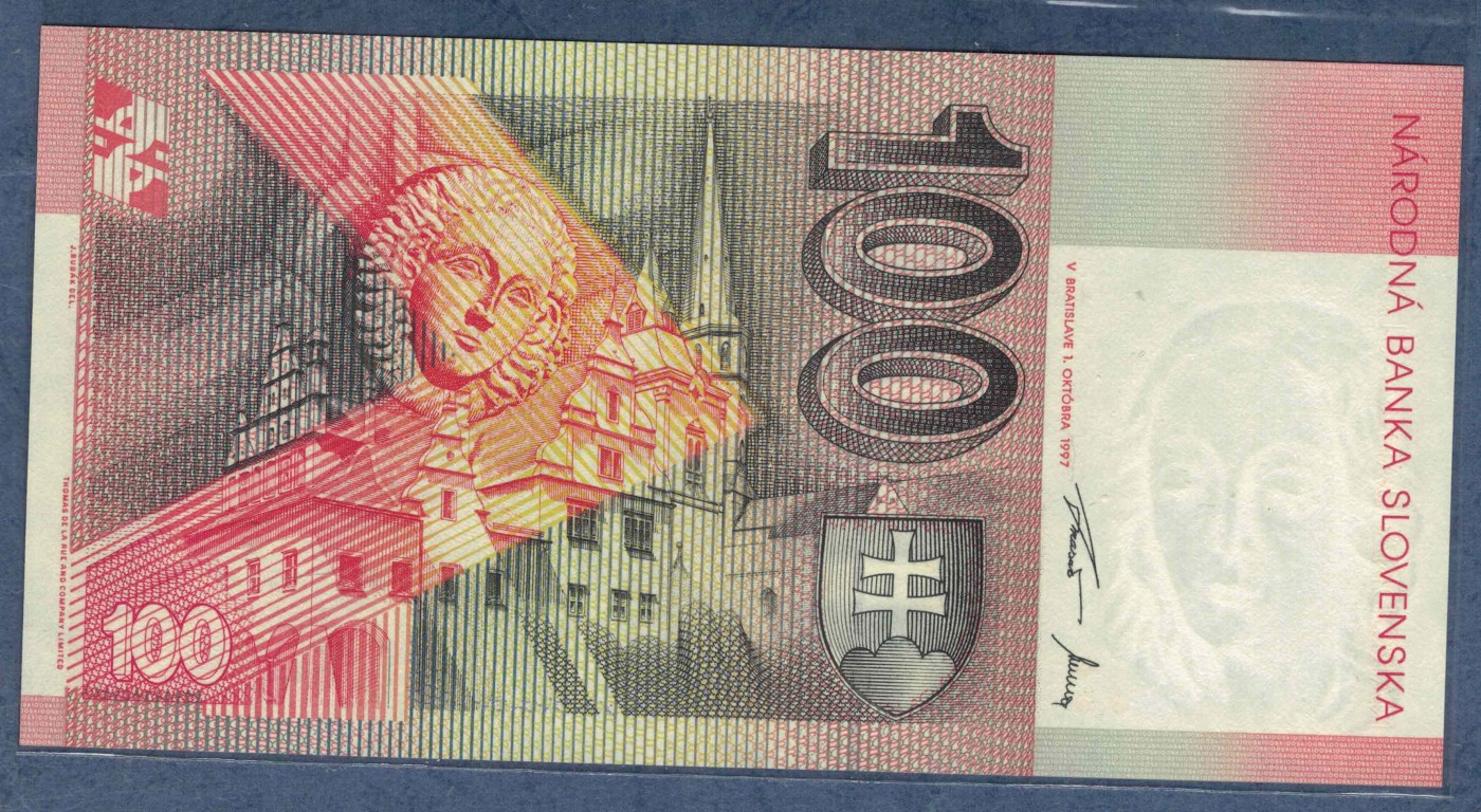 斯洛伐克1997年100克朗 P-25b 尾8 实物图 UNC