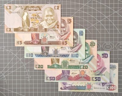 【礼羽收藏】🌏世界钱币拍卖第85期 - 【套票】全新UNC，赞比亚2、5、10、20、50、100面值，6张