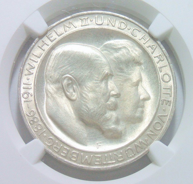NGC UNC 德国符腾堡1911年 威廉二世银婚3马克银币 开卷原光
