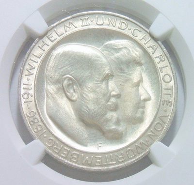 NGC UNC 德国符腾堡1911年 威廉二世银婚3马克银币 开卷原光 - NGC UNC 德国符腾堡1911年 威廉二世银婚3马克银币 开卷原光