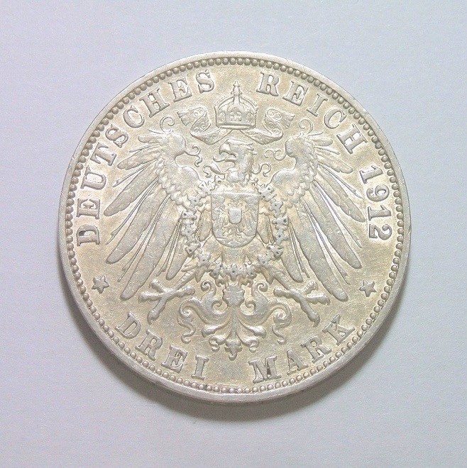 德国巴登1912年 腓特烈二世3马克银币 爽品