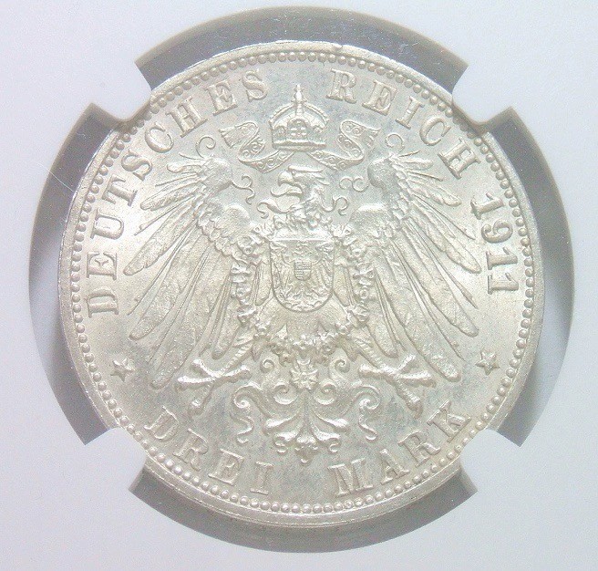 NGC UNC 德国符腾堡1911年 威廉二世银婚3马克银币 开卷原光