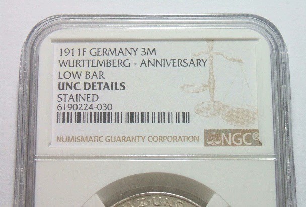 NGC UNC 德国符腾堡1911年 威廉二世银婚3马克银币 开卷原光