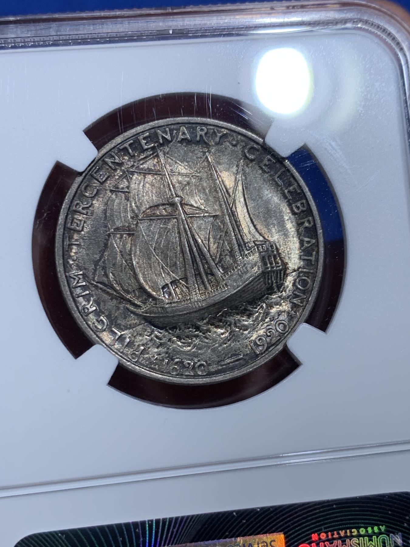 《竞宝斋》立夏专场特拍 （第2-1场）全场顺丰包邮 265场 NGC MS64 美国1920年清教徒移民半美元纪念银币 经典设计 背面五月花号呼之欲出 酱彩包浆 味道很好