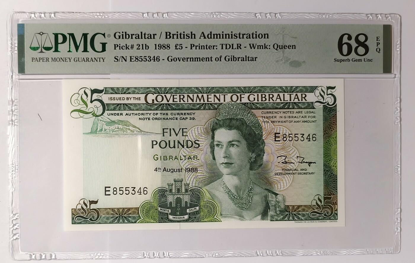 紫瑗钱币——第345期拍卖——纸币场 【PMG 68EPQ 高分】直布罗陀 1988年 伊丽莎白二世 高冠 5镑 (P-21b)