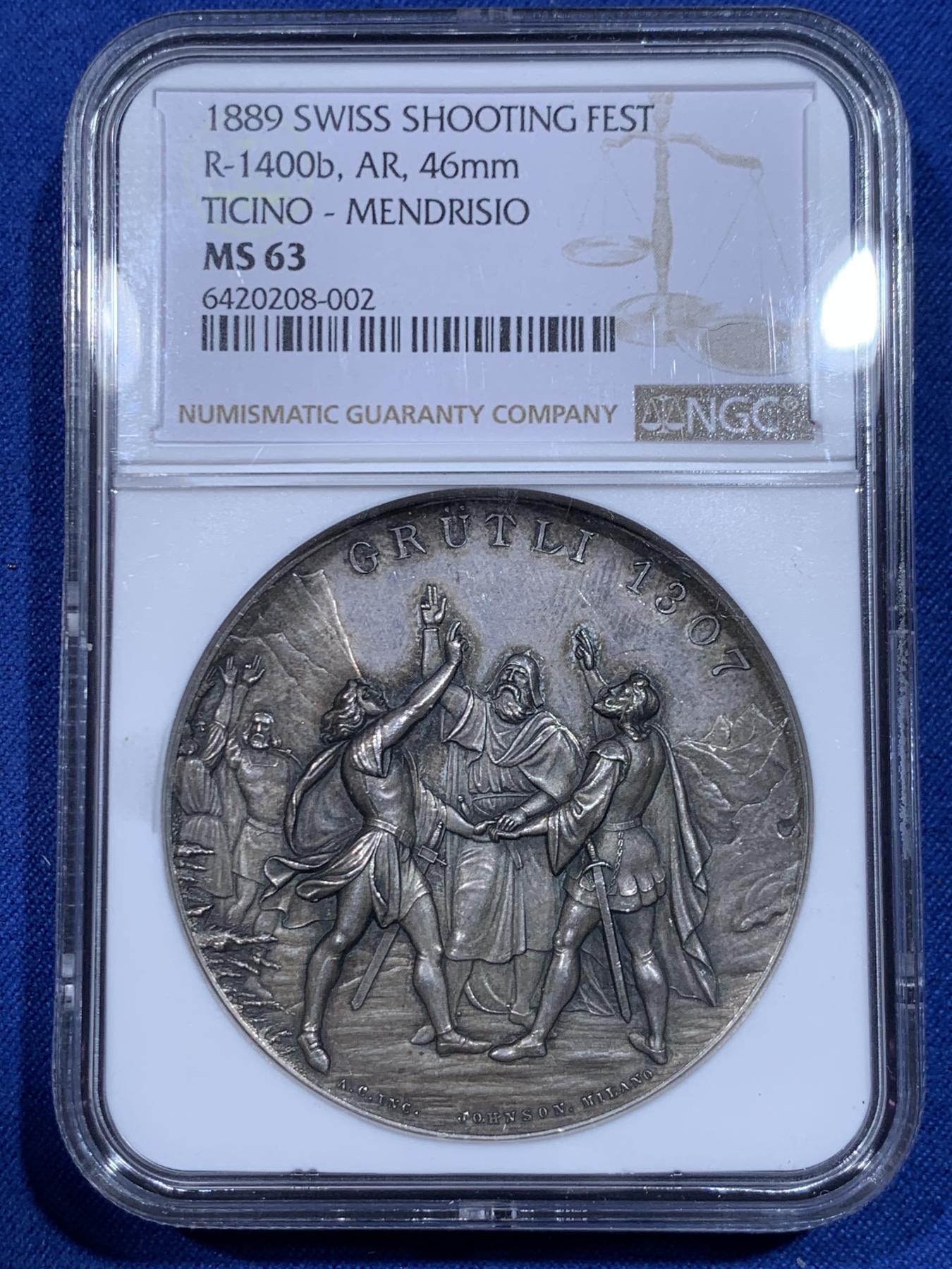 《竞宝斋》立夏专场特拍 （第2-1场）全场顺丰包邮 265场 NGC MS63 瑞士1889年提契诺州射击节大银章 罕见品种 热门系列 人物高点俱在 藏家多年藏品出品 最近64分的1080美元成交