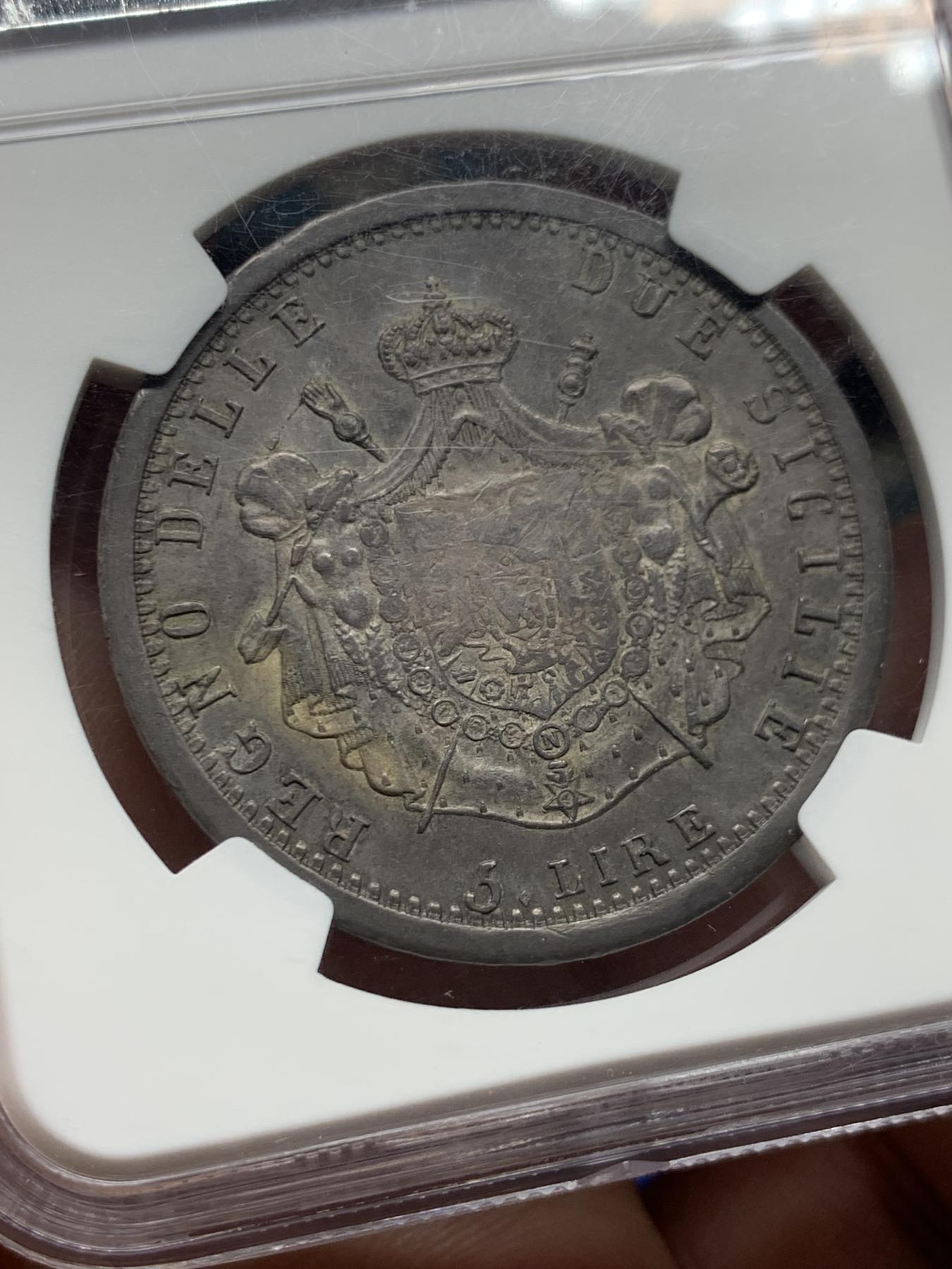 《竞宝斋》立夏专场特拍 （第2-1场）全场顺丰包邮 265场 NGC AU58 意大利1813那不勒斯与西西里缪拉像5里拉大银币 收藏级 双面深包浆 AUD成交价8000多 上58分太难了