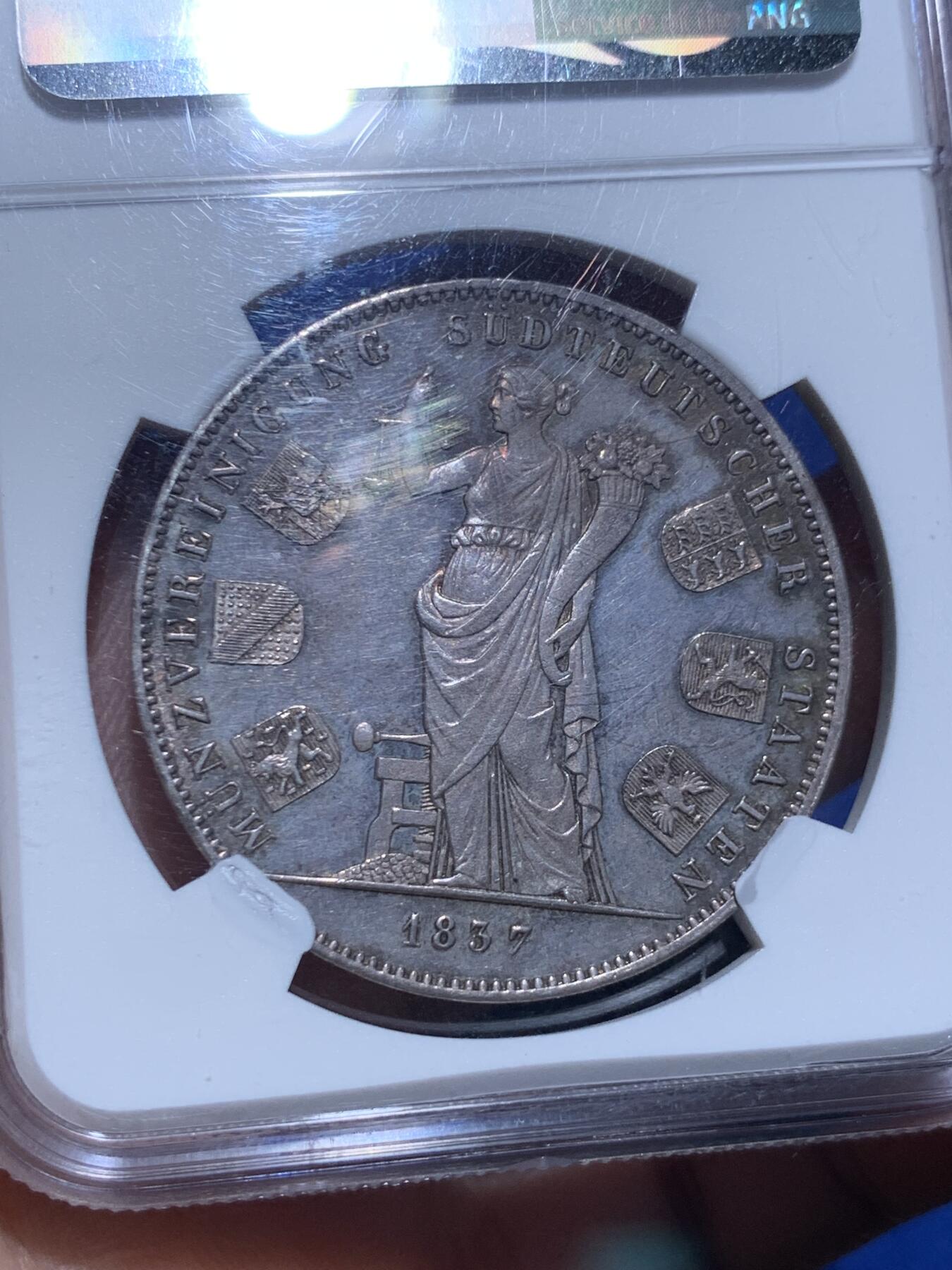 《竞宝斋》立夏专场特拍 （第2-1场）全场顺丰包邮 265场 NGC MS61 德国1837巴伐利亚货币同盟纪念2泰勒大银币 淡彩包浆