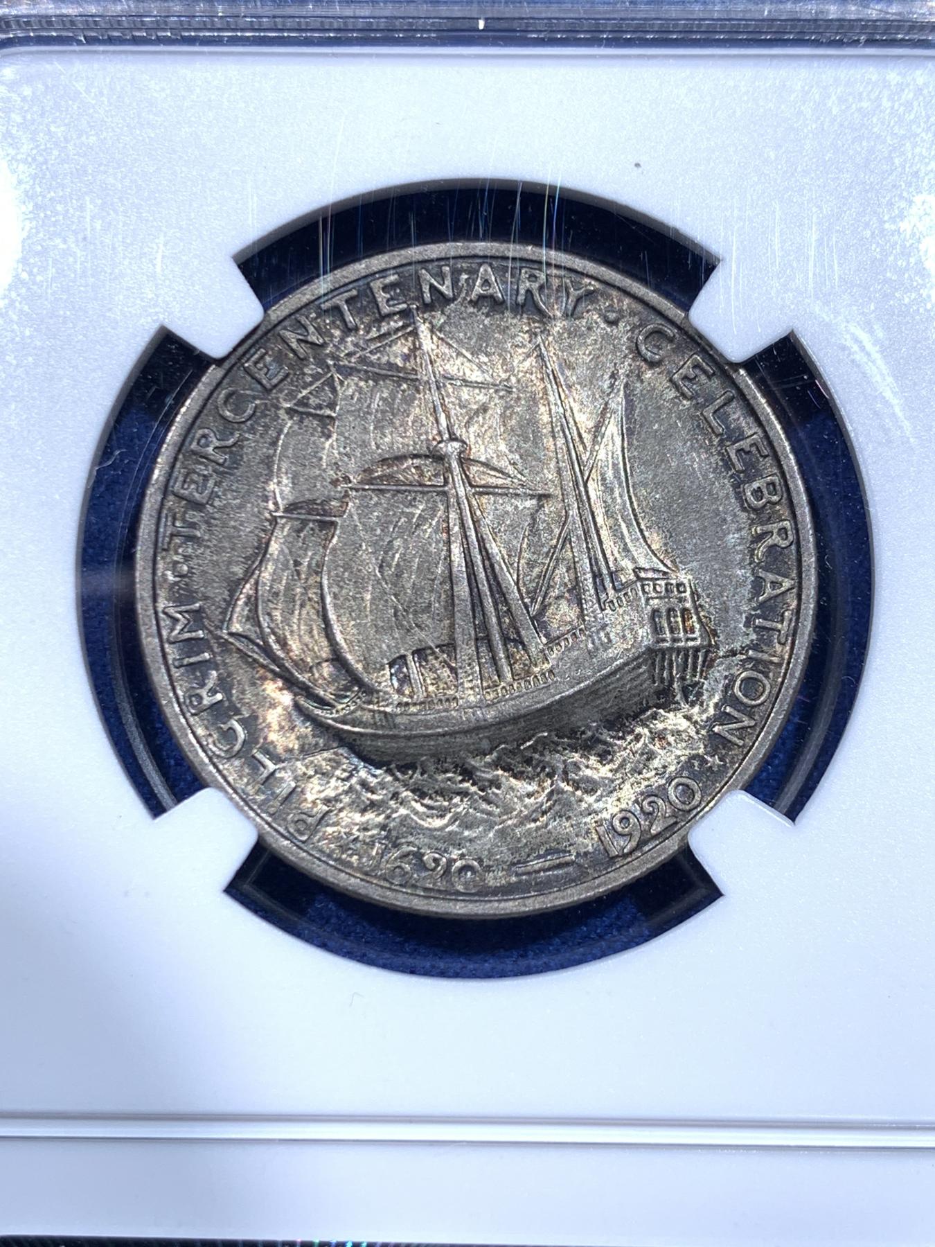 《竞宝斋》立夏专场特拍 （第2-1场）全场顺丰包邮 265场 NGC MS64 美国1920年清教徒移民半美元纪念银币 经典设计 背面五月花号呼之欲出 酱彩包浆 味道很好