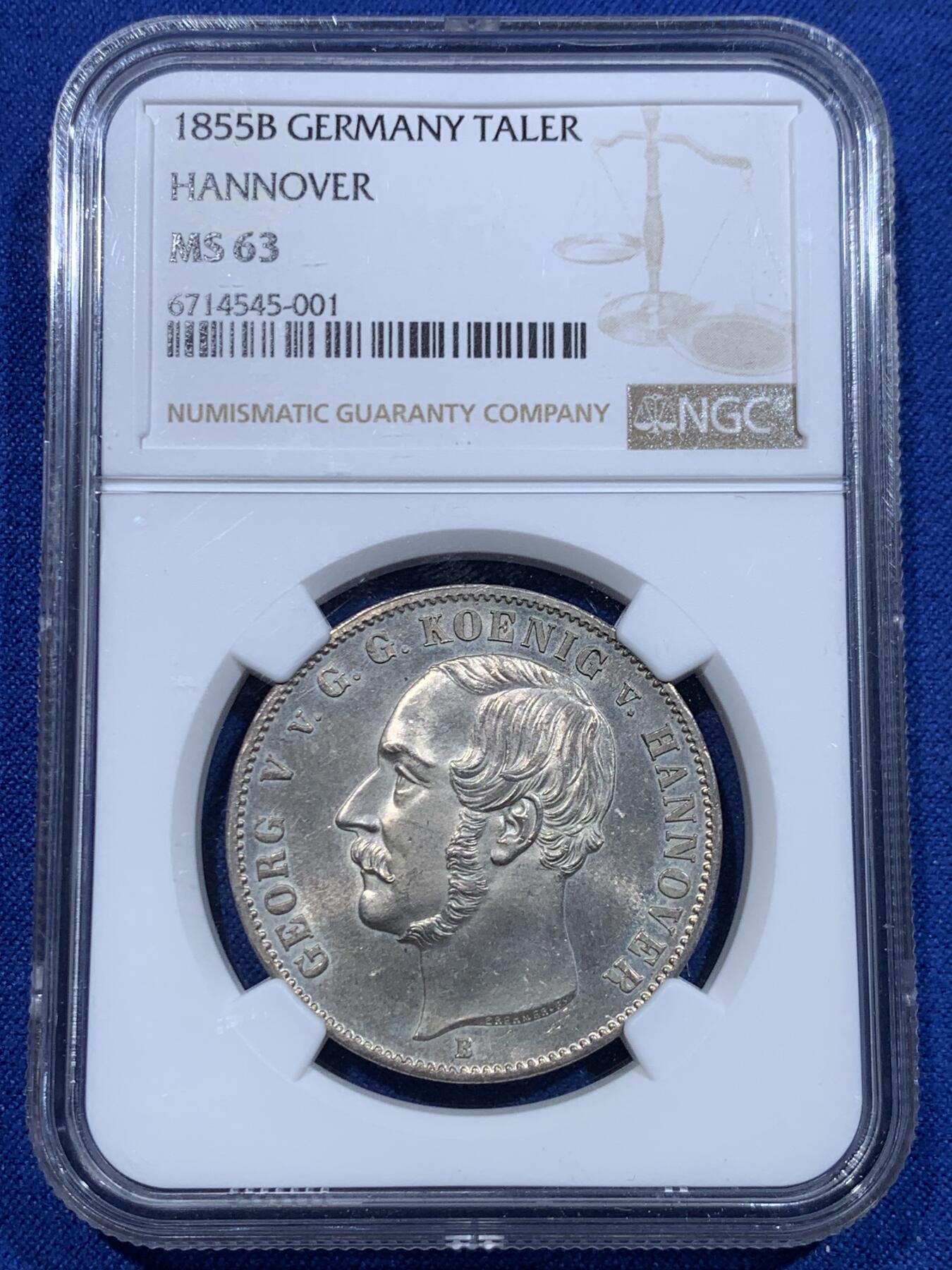 《竞宝斋》立夏专场特拍 （第2-1场）全场顺丰包邮 265场 NGC MS63 德国汉诺威1855年盾徽版泰勒 大气而精美 流通充分好品较少 MS比狮马版本少 欧洲昆克拍卖原物 410欧元落槌价