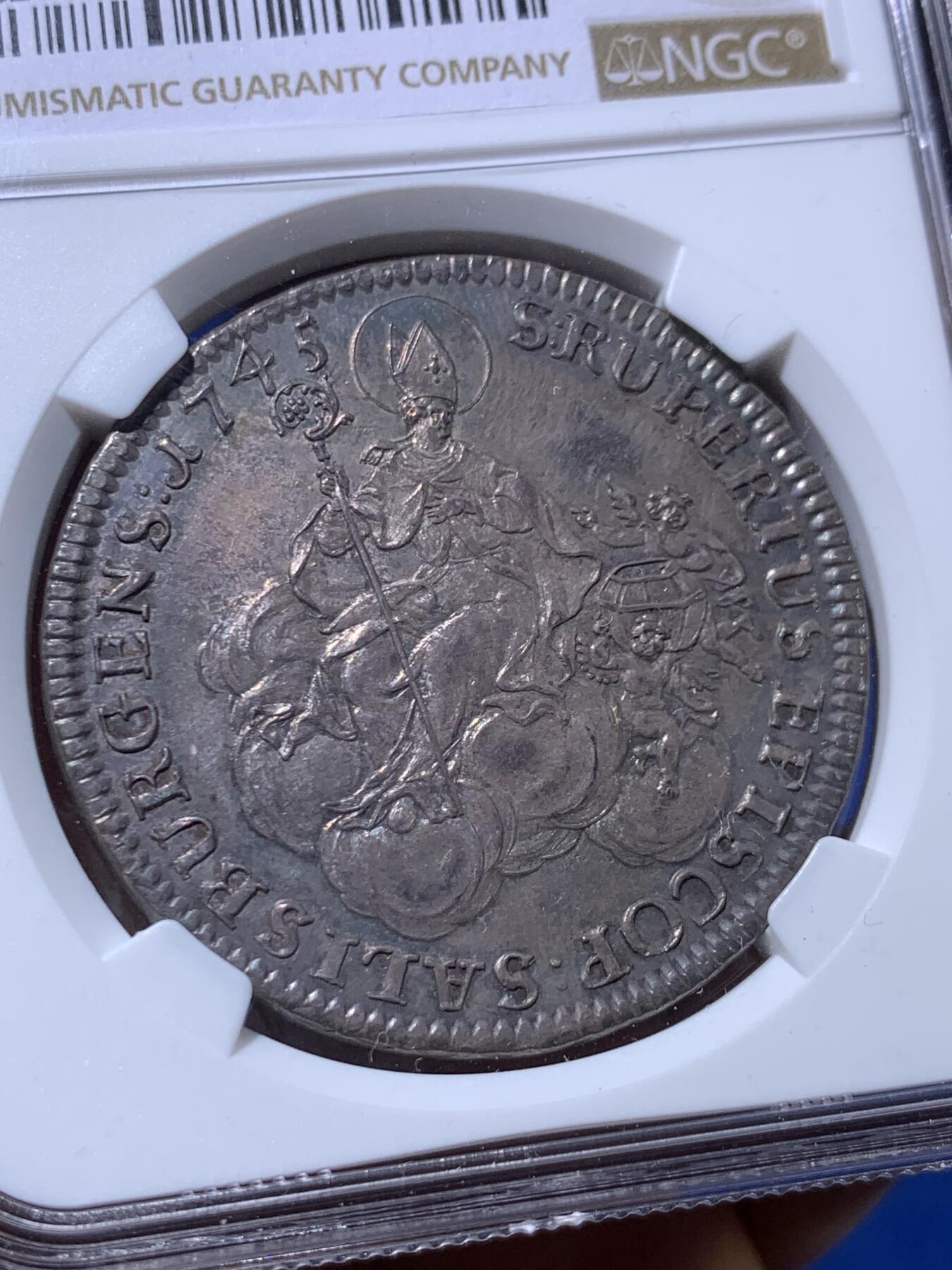 《竞宝斋》立夏专场特拍 （第2-1场）全场顺丰包邮 265场 冠军分 NGC MS62 神圣罗马帝国1745奥地利萨尔茨堡主教泰勒 列支敦士登大主教雅各布·欧内斯特亲王银币 罕见品种 PL底板全深打