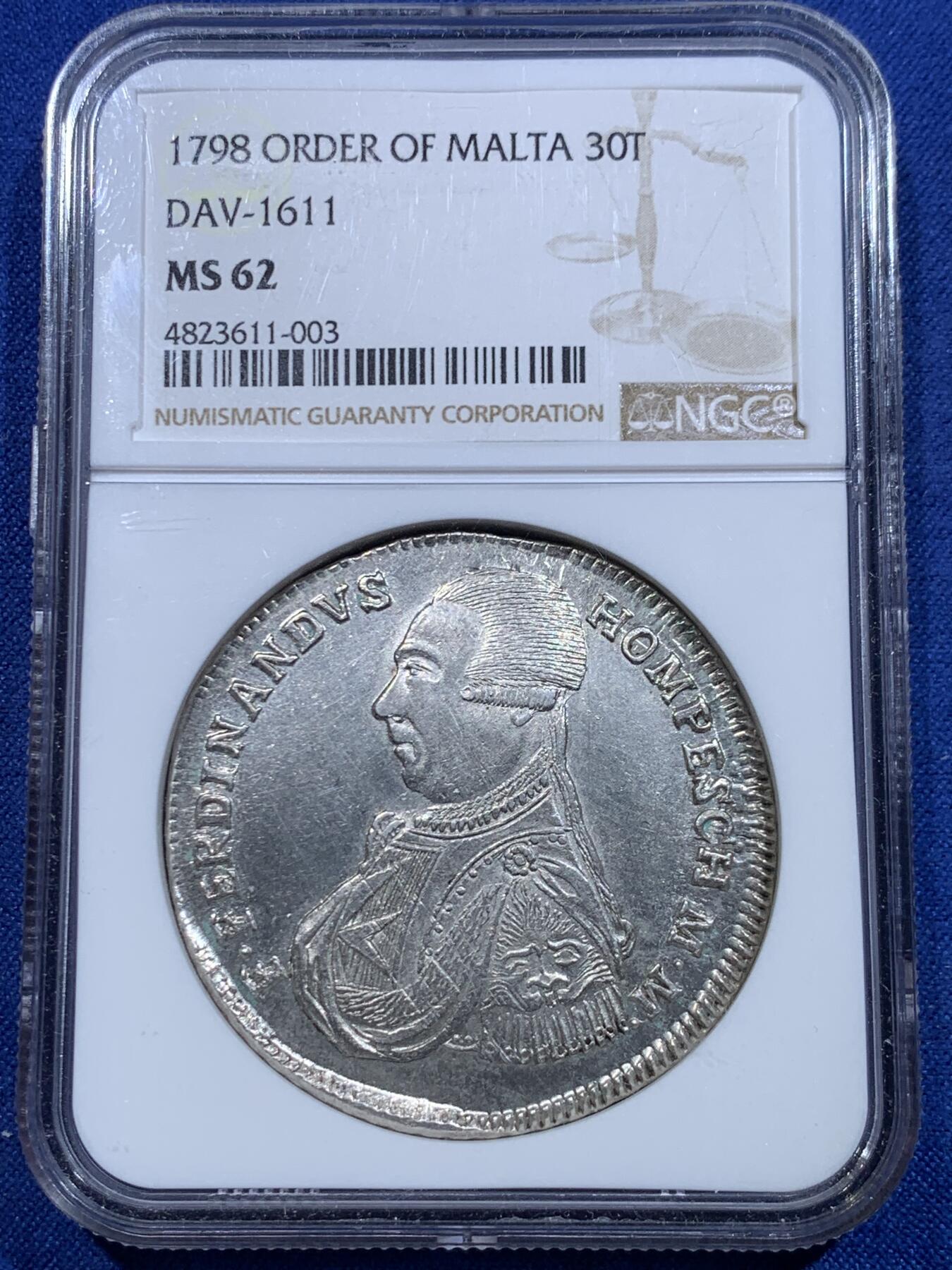 《竞宝斋》立夏专场特拍 （第2-1场）全场顺丰包邮 265场 NGC MS62 1798年马耳他骑士团30塔里 马耳他骑士团末代团长霍姆佩斯在位期间发行 银光闪闪