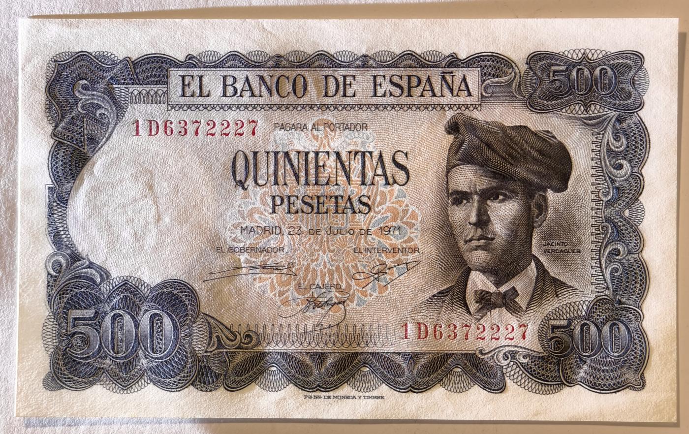 紫瑗钱币——第345期拍卖——纸币场 西班牙 1971年 (1973) 维达格尔 500比塞塔 UNC (P-153a)