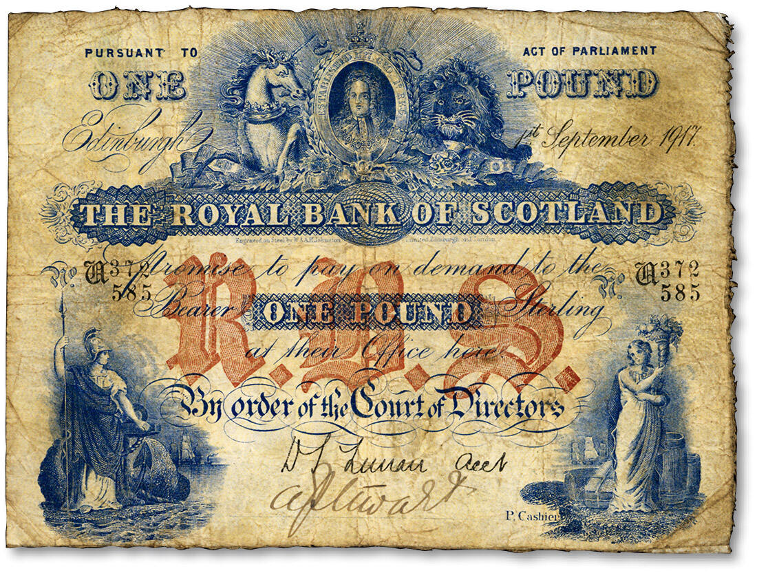 泓盛2024年春季拍卖会 纸币 18-20号3天 1917年苏格兰皇家银行（The Royal Bank Of Scotland）1英镑，有水印，原汁原味，七成新