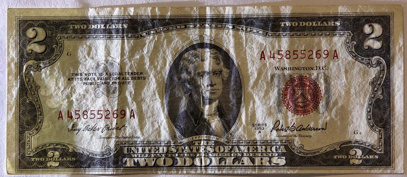 紫瑗钱币——第345期拍卖——纸币场 美国 1953年 A序列 托马斯·杰斐逊 2美元 红印 政府券 流通品