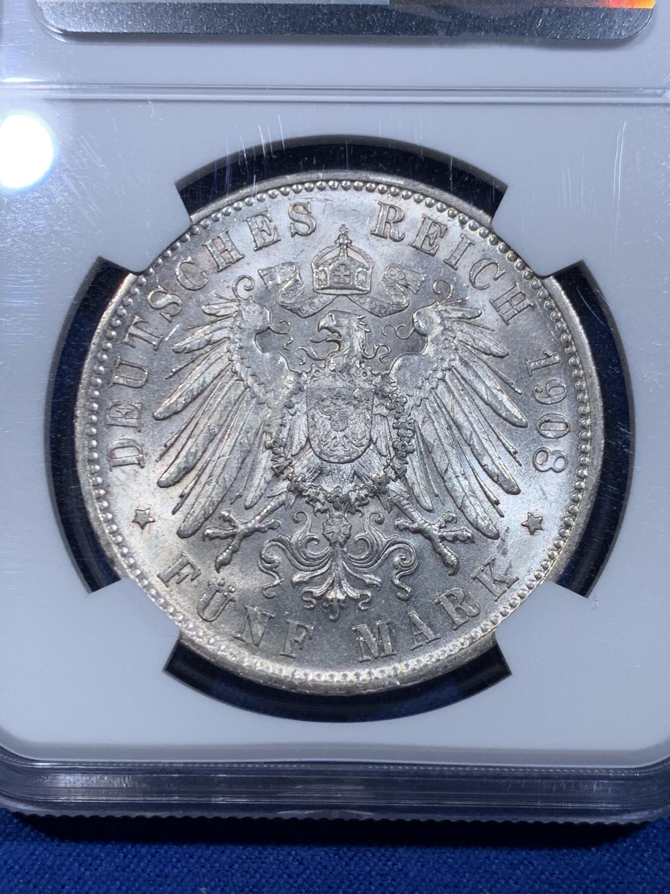 《竞宝斋》立夏专场特拍 （第2-1场）全场顺丰包邮 265场 NGC MS62 德国1908符腾堡5马克银币 符腾堡ms比较难得