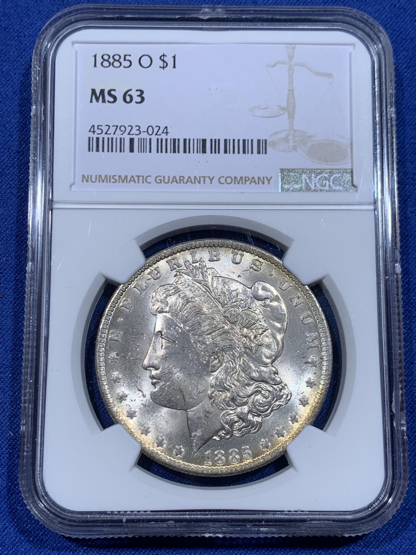 《竞宝斋》立夏专场特拍 （第2-1场）全场顺丰包邮 265场 NGC MS63 美国1885年摩根一美元银币 特色“一”字彩浆 五彩很漂亮