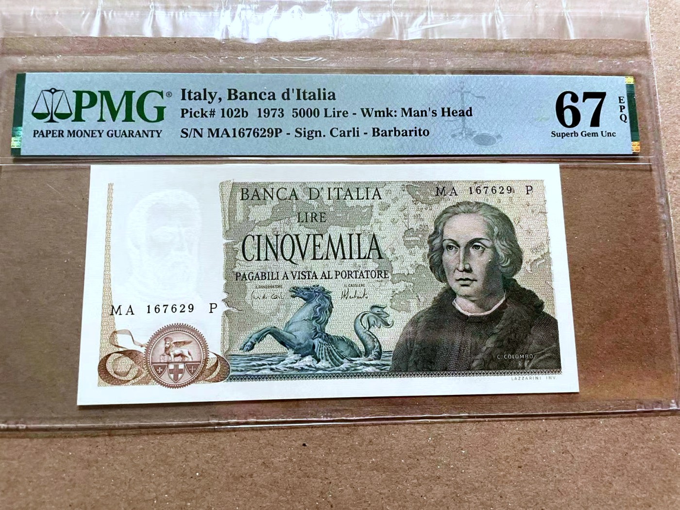【Blue Auction】✨世界纸币精拍第470期【精】 意大利 1973年5000里拉 哥伦布  PMG67EPQ 高分