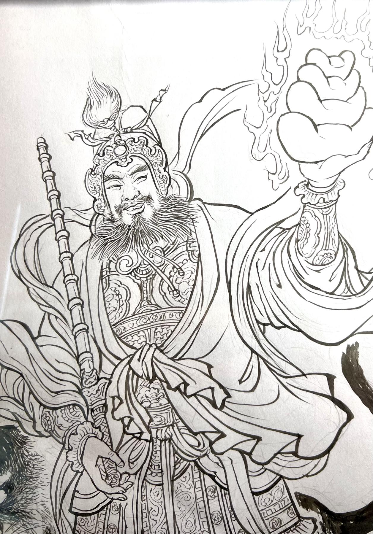 白泽拍卖卡牌专场第1期 2024 黑虎财神赵公明 李明绘线稿 A4尺寸，已装裱