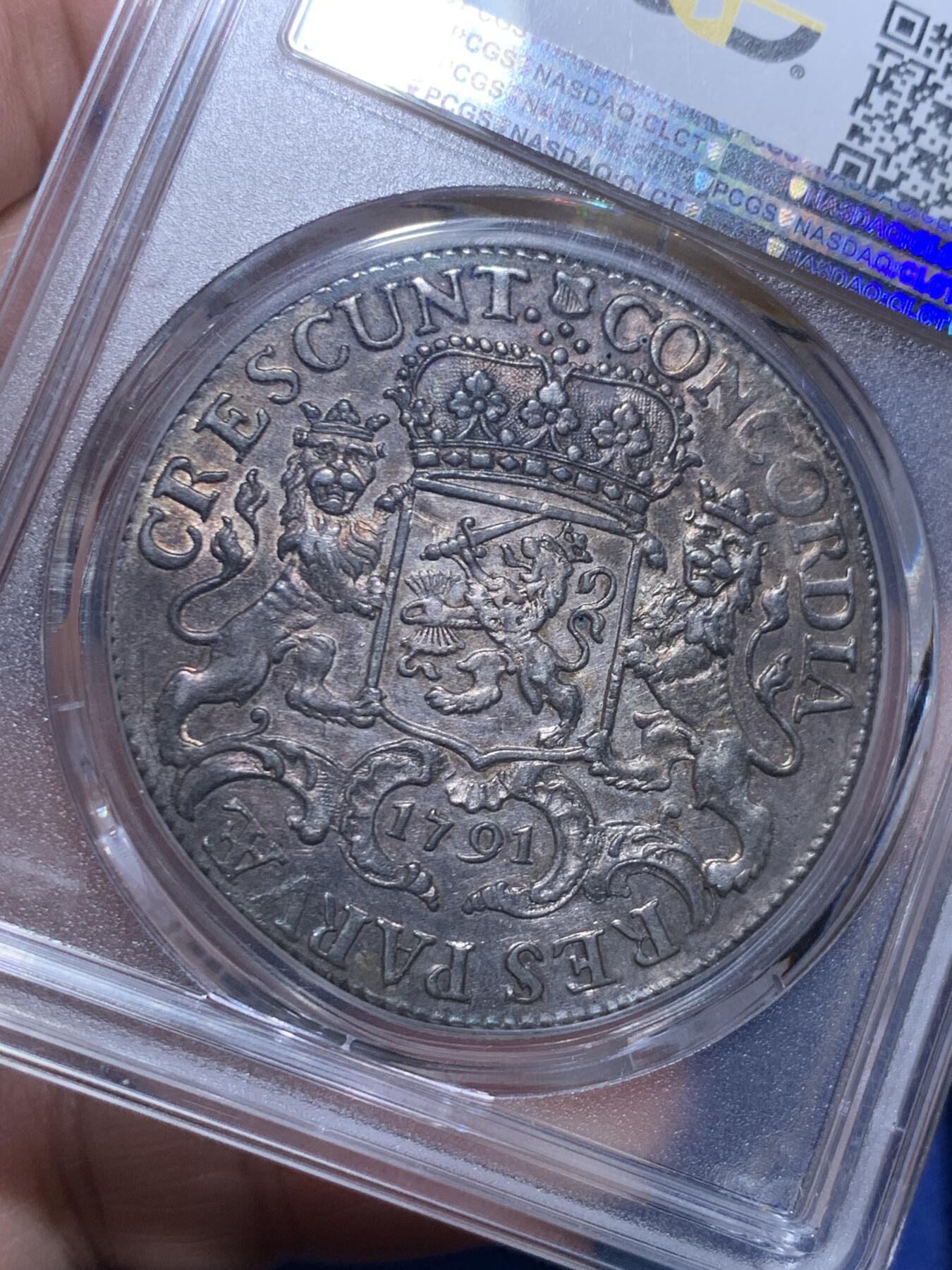 《竞宝斋》立夏专场特拍 （第2-1场）全场顺丰包邮 265场 PCGS AU58 荷兰1791年乌特勒支大马剑 全深打 原味欧洲五彩包浆 味道状态一流 之前洗白白的白币都拍了1.28W