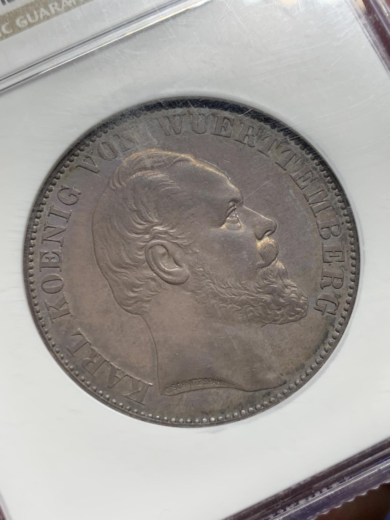 NGC MS62 德国1871年符腾堡普法战争胜利泰勒银币 深五彩包浆 NGC老盒 实物比照片好不少