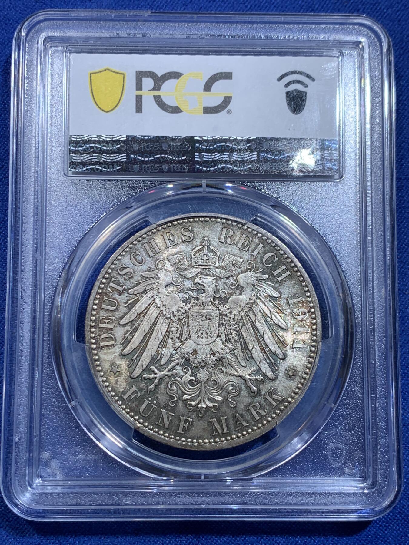 《竞宝斋》立夏专场特拍 （第2-1场）全场顺丰包邮 265场 PCGS MS64 德国1911年巴伐利亚利奥波德90寿辰5马克银币 黄油五彩老包浆