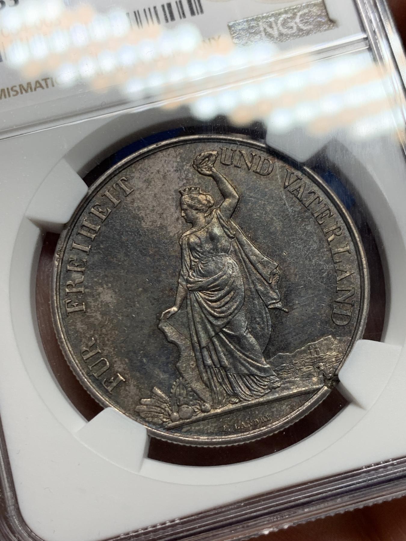 《竞宝斋》立夏专场特拍 （第2-1场）全场顺丰包邮 265场 NGC AU53 瑞士1872年苏黎世射击节 5法郎大银币 包浆深邃 整体观感好 币胚边缘有铸缺更显少见