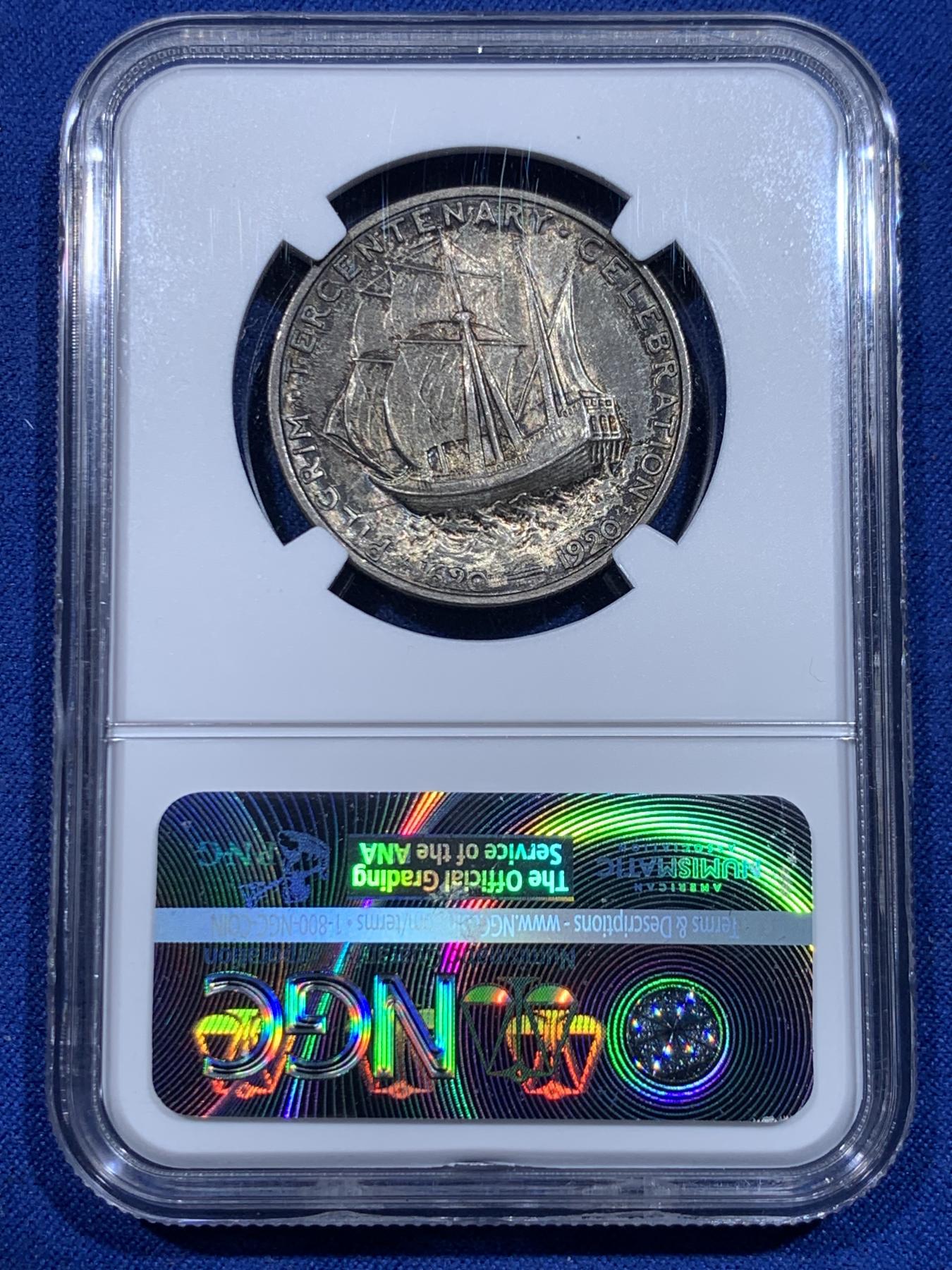 《竞宝斋》立夏专场特拍 （第2-1场）全场顺丰包邮 265场 NGC MS64 美国1920年清教徒移民半美元纪念银币 经典设计 背面五月花号呼之欲出 酱彩包浆 味道很好