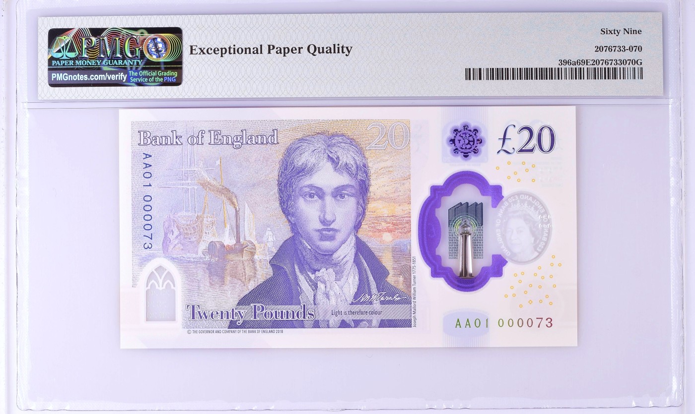 【Blue Auction】✨世界纸币精拍第470期【精】 【AA01 73极小号 第一刀罕见】英国 2018年20镑 PMG69EPQ 近满分 女王 首发十位号就这么几十张非常难得 