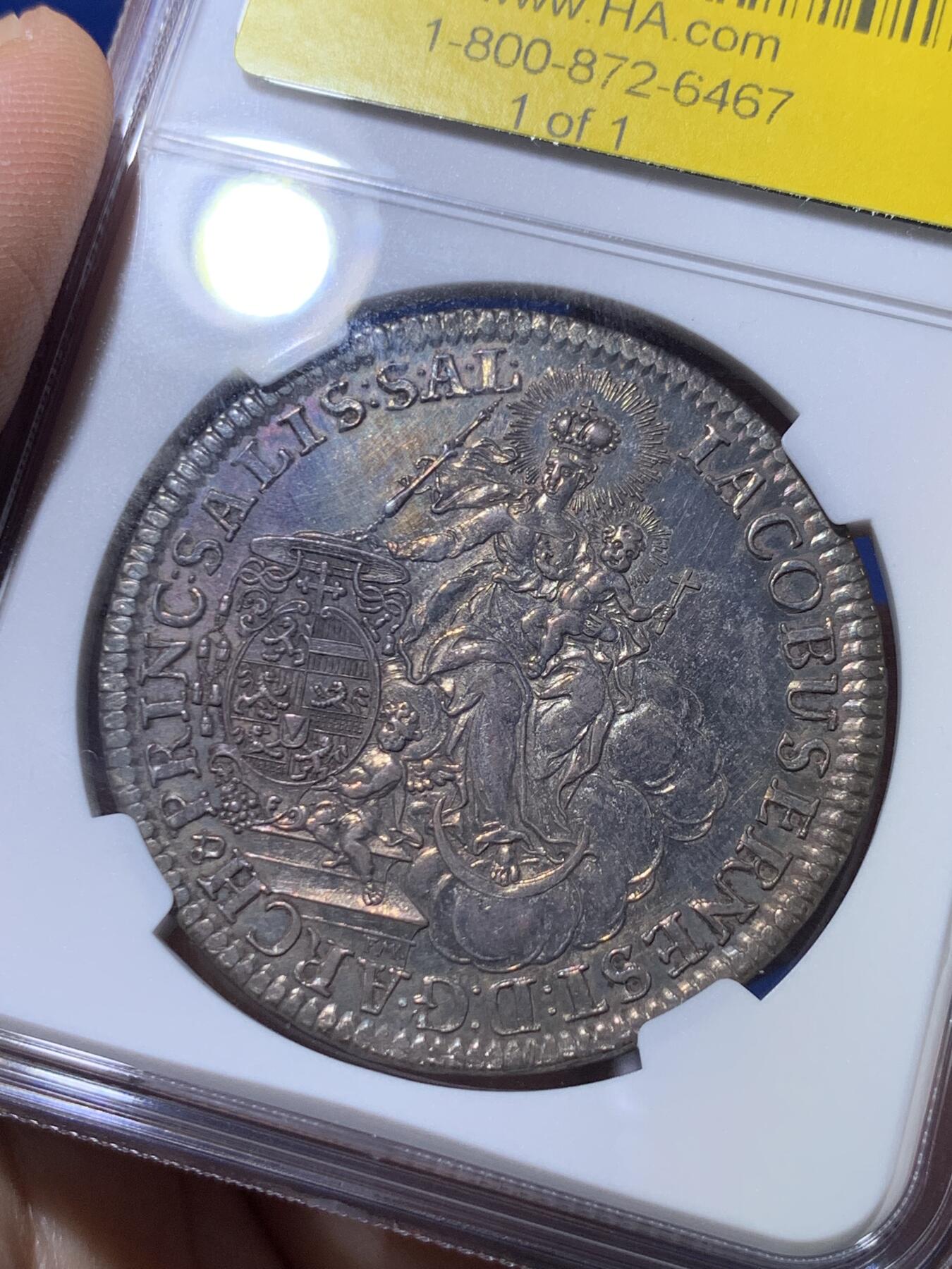 《竞宝斋》立夏专场特拍 （第2-1场）全场顺丰包邮 265场 冠军分 NGC MS62 神圣罗马帝国1745奥地利萨尔茨堡主教泰勒 列支敦士登大主教雅各布·欧内斯特亲王银币 罕见品种 PL底板全深打