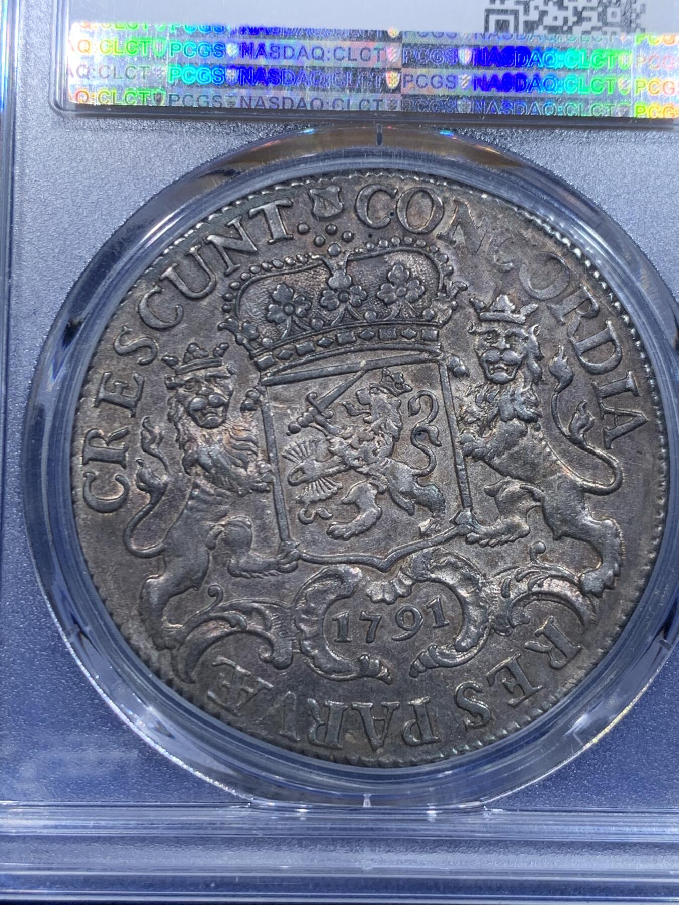 《竞宝斋》立夏专场特拍 （第2-1场）全场顺丰包邮 265场 PCGS AU58 荷兰1791年乌特勒支大马剑 全深打 原味欧洲五彩包浆 味道状态一流 之前洗白白的白币都拍了1.28W