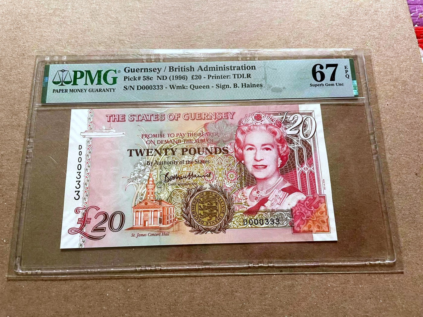 【Blue Auction】✨世界纸币精拍第470期【精】 【333豹子号】根西 1996年20镑 PMG67EPQ 女王