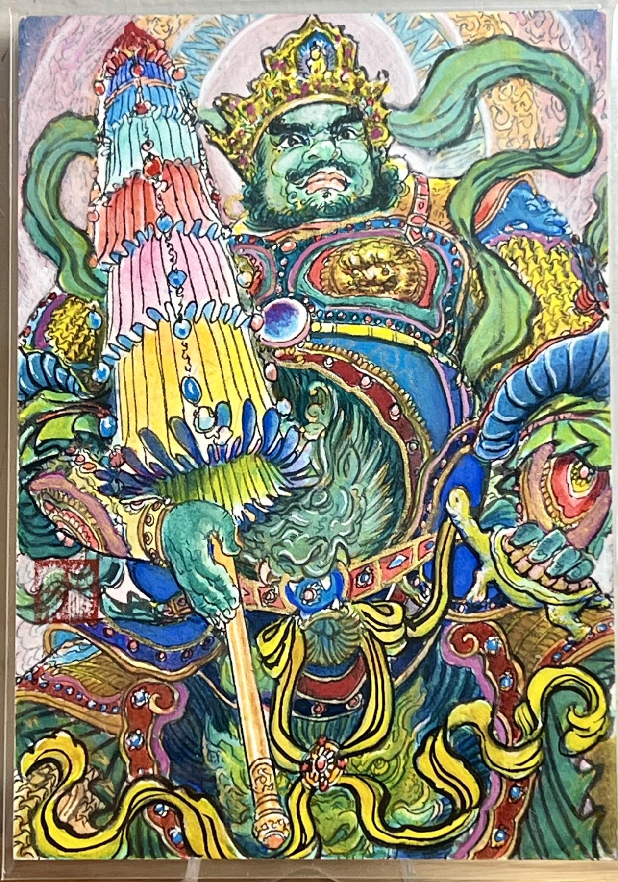 白泽拍卖卡牌专场第1期 2024 昆仑万象 北方多闻天王 权迎东手绘大卡 12.5cm*8.6cm 卡夹封装 最后面是跟普卡对比图