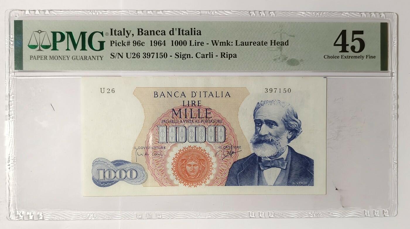 紫瑗钱币——第345期拍卖——纸币场 【首发 PMG 45】意大利 1964年 威尔第 1000里拉 (P-96c)