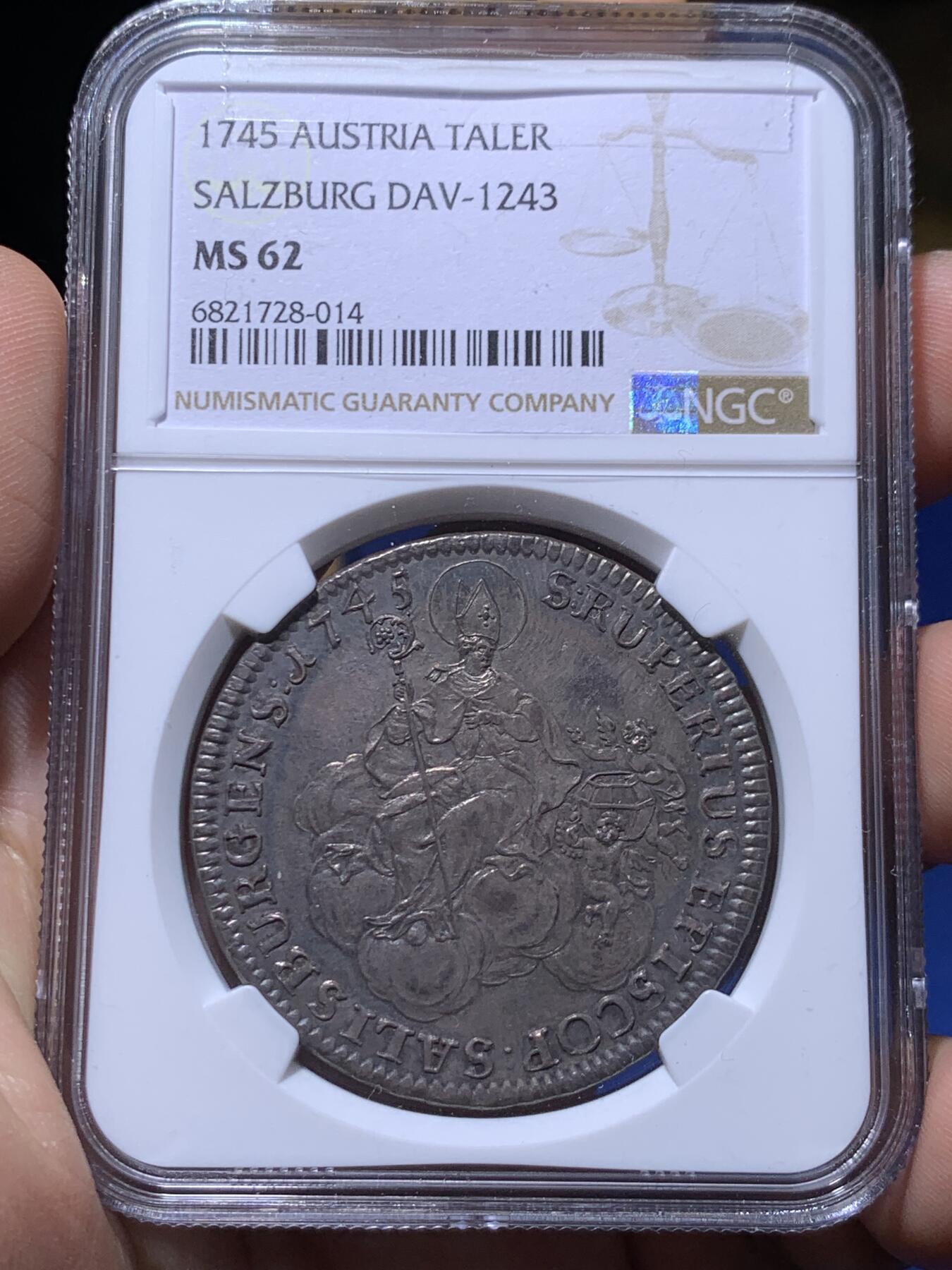 《竞宝斋》立夏专场特拍 （第2-1场）全场顺丰包邮 265场 冠军分 NGC MS62 神圣罗马帝国1745奥地利萨尔茨堡主教泰勒 列支敦士登大主教雅各布·欧内斯特亲王银币 罕见品种 PL底板全深打