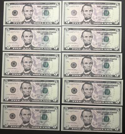珑诚汇（原乐淘淘）世界纸币拍卖 第6期 裸钞场 - 美国2017A版纸币 5美元 十连号 全新UNC