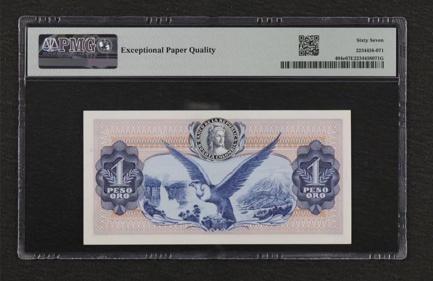 收藏联盟Quantum Auction 第343期拍卖  哥伦比亚1974年1比索 PMG67 秃鹫