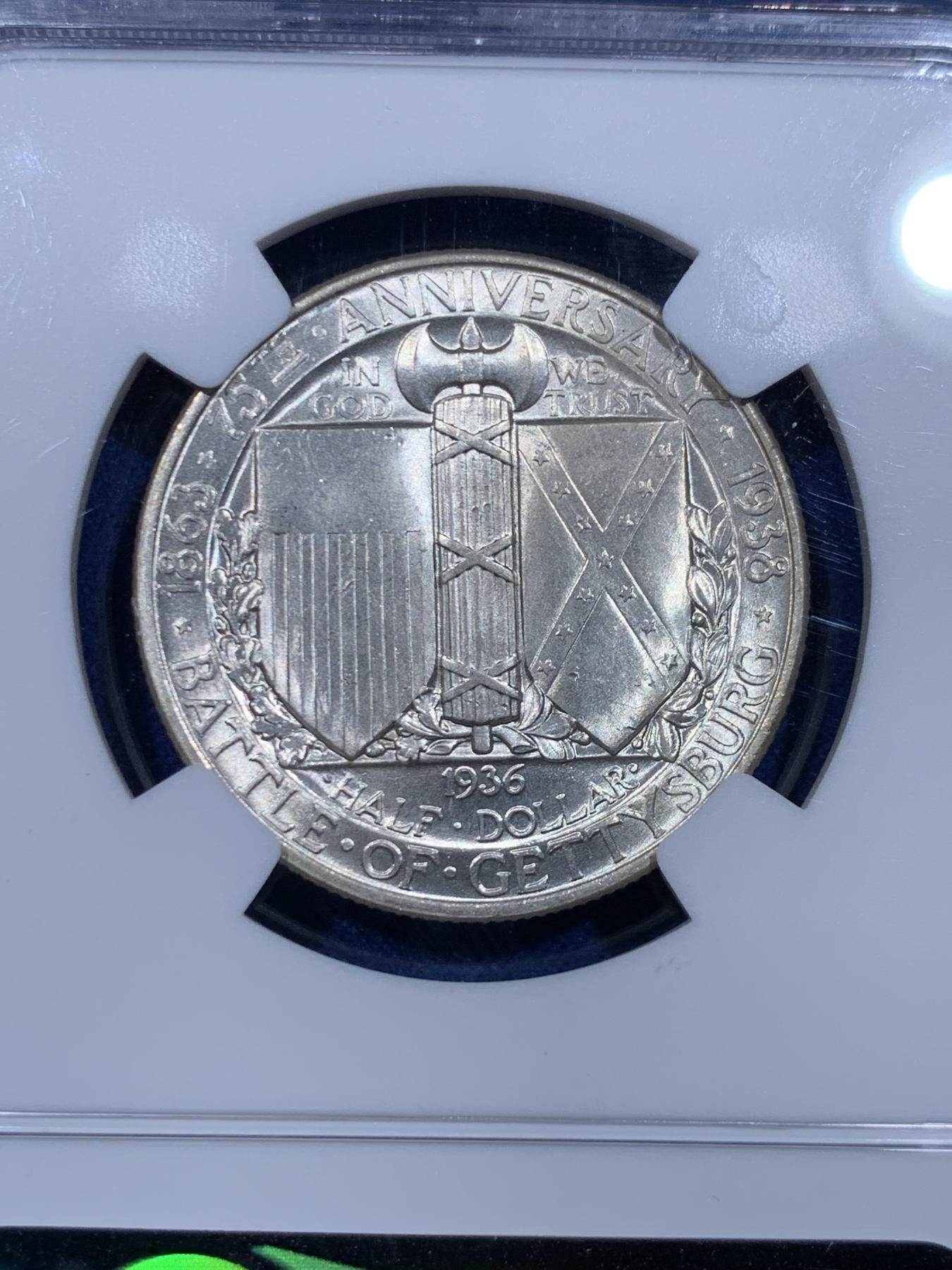 《竞宝斋》立夏专场特拍 （第2-1场）全场顺丰包邮 265场 冠军分 NGC MS65 美国1936年葛底斯堡战役半美元纪念银币 淡彩黄油光 半美元中的难点之一