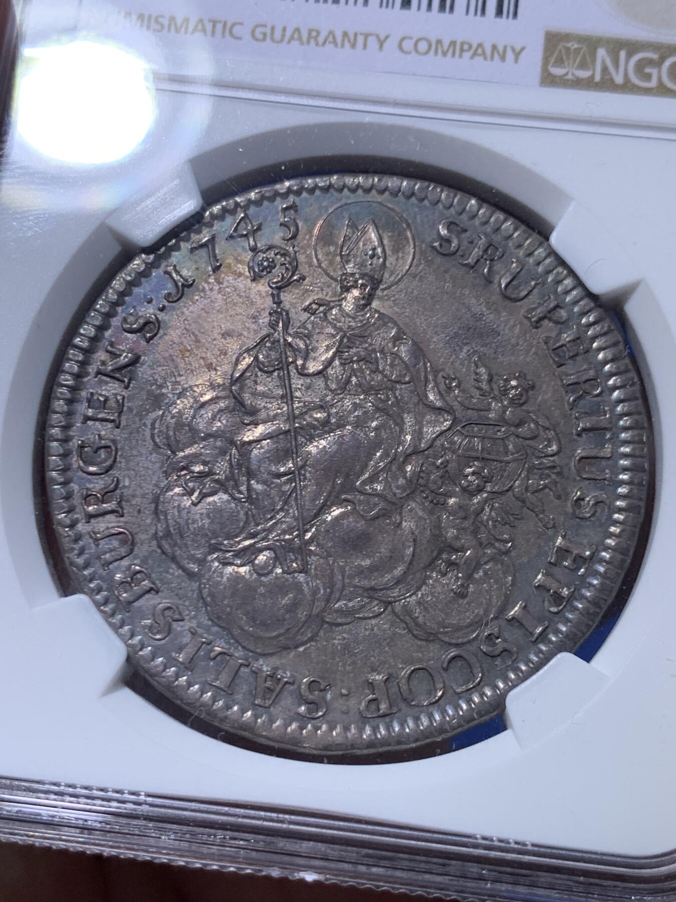 《竞宝斋》立夏专场特拍 （第2-1场）全场顺丰包邮 265场 冠军分 NGC MS62 神圣罗马帝国1745奥地利萨尔茨堡主教泰勒 列支敦士登大主教雅各布·欧内斯特亲王银币 罕见品种 PL底板全深打