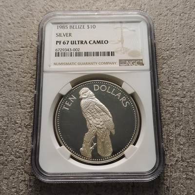 0起1加-纯粹捡漏拍-318银币套币专场 - 【罕见】伯利兹1985年10元笑隼精制克朗型纪念银币-量212-NGC PF 67 ULTRA CAMEO