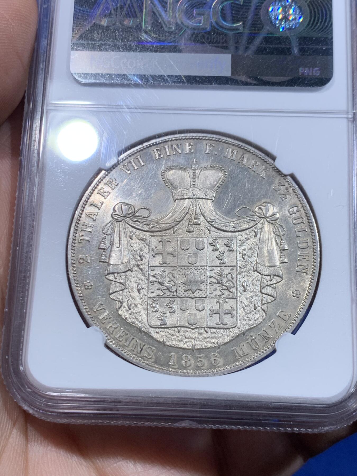 《竞宝斋》立夏专场特拍 （第2-1场）全场顺丰包邮 265场 NGC MS62 德国19世纪瓦尔德克-皮埃蒙特公国1856年流通2泰勒 发行量11375枚 经典小邦 37.11克大银币 即便在德拍上也是极少能见到的2T品种