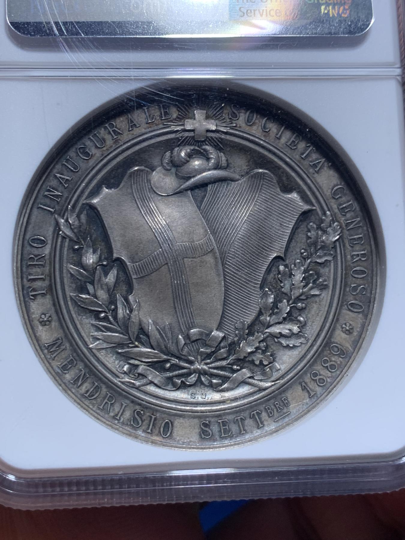 《竞宝斋》立夏专场特拍 （第2-1场）全场顺丰包邮 265场 NGC MS63 瑞士1889年提契诺州射击节大银章 罕见品种 热门系列 人物高点俱在 藏家多年藏品出品 最近64分的1080美元成交