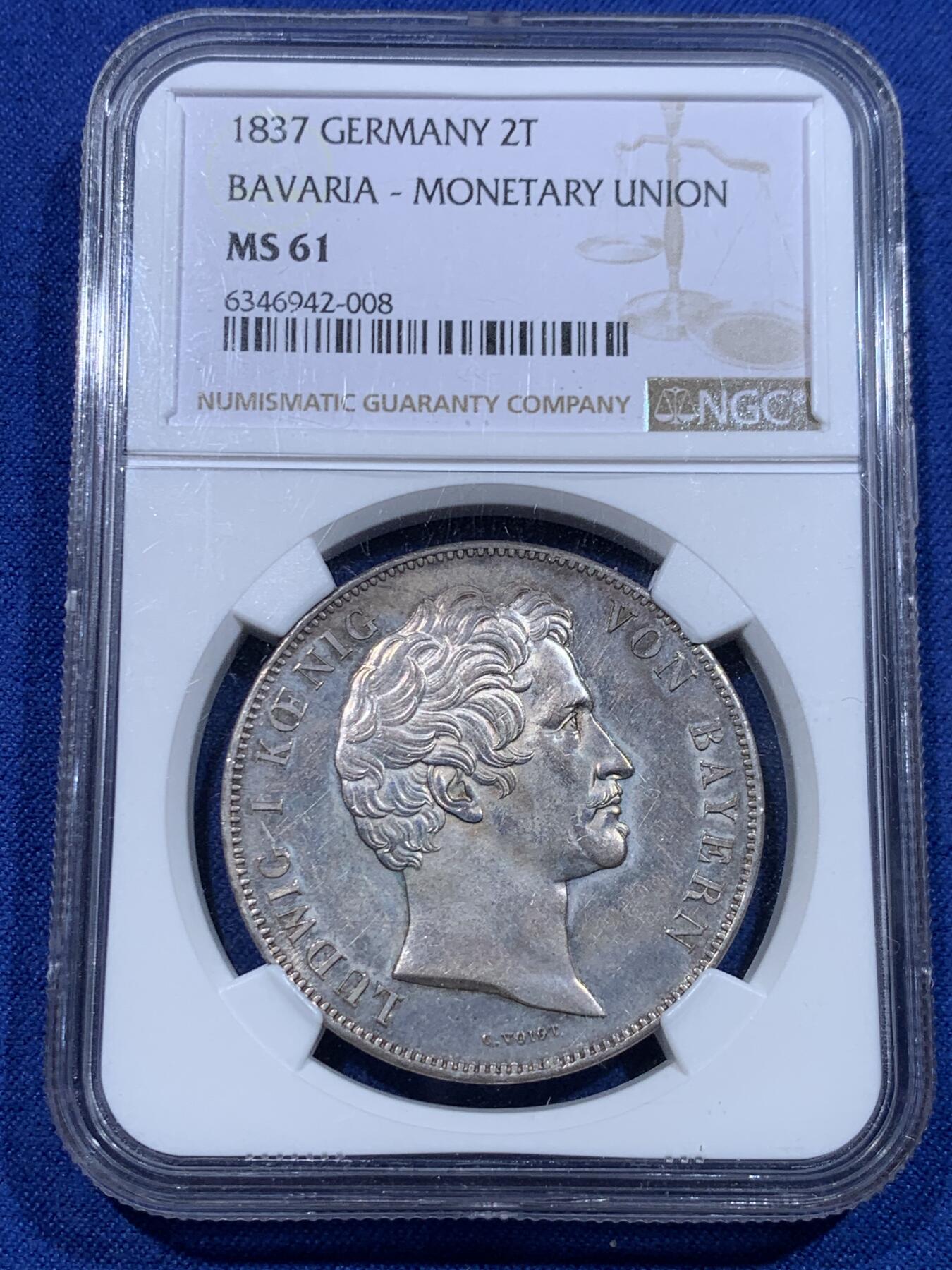 《竞宝斋》立夏专场特拍 （第2-1场）全场顺丰包邮 265场 NGC MS61 德国1837巴伐利亚货币同盟纪念2泰勒大银币 淡彩包浆