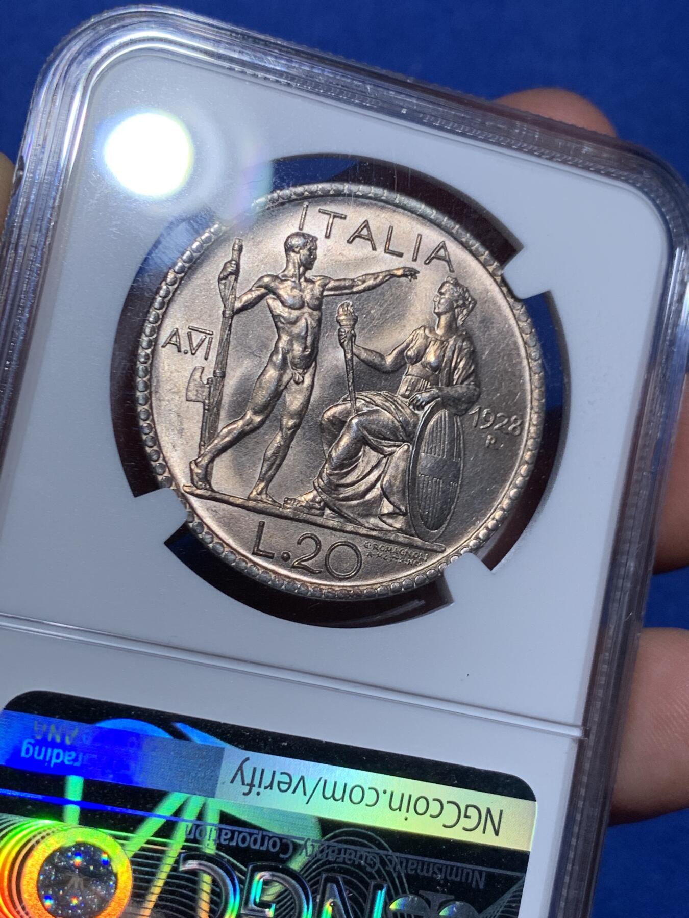 《竞宝斋》立夏专场特拍 （第2-1场）全场顺丰包邮 265场 NGC MS63 意大利1928年裸男20里拉银币 经典造型 稀少年份